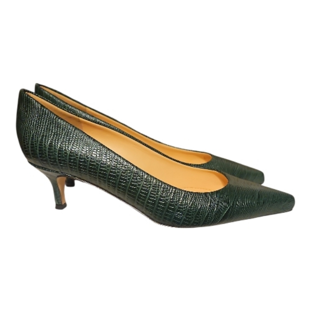 J. Crew Size 8 Sofia Green Embossed Croc Style Leather Kitten Heels Point Toe